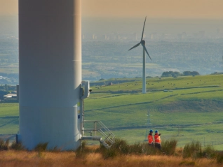 Solar farm workers in a field