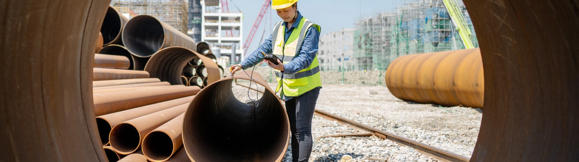 Engineer/Worker (yellow hard hat/vest) holds tablet, inspecting inside of a large metal pipe on a construction site, framed by a circular pipe opening