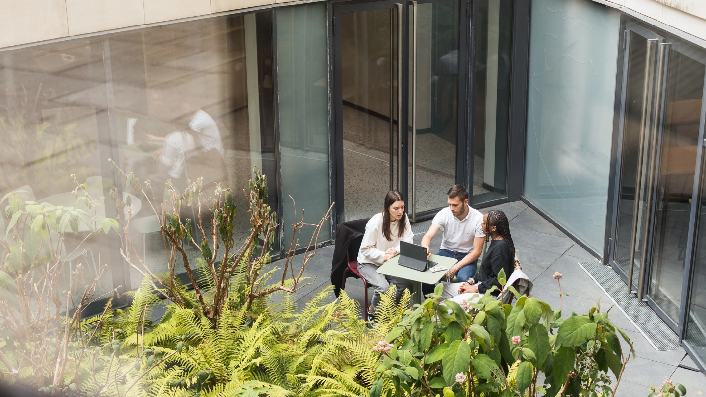 two women and man at a table in a courtyard image